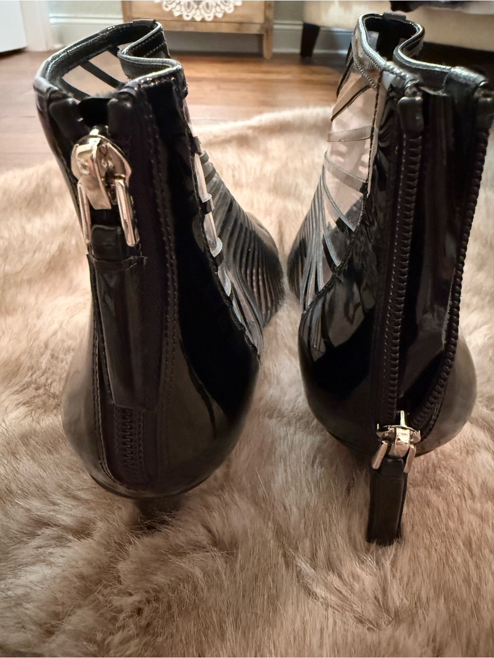 Giorgio Armani Black Striped Patent Leather Transparent Pointed-Toe Women's Boot - Picture 7 of 12